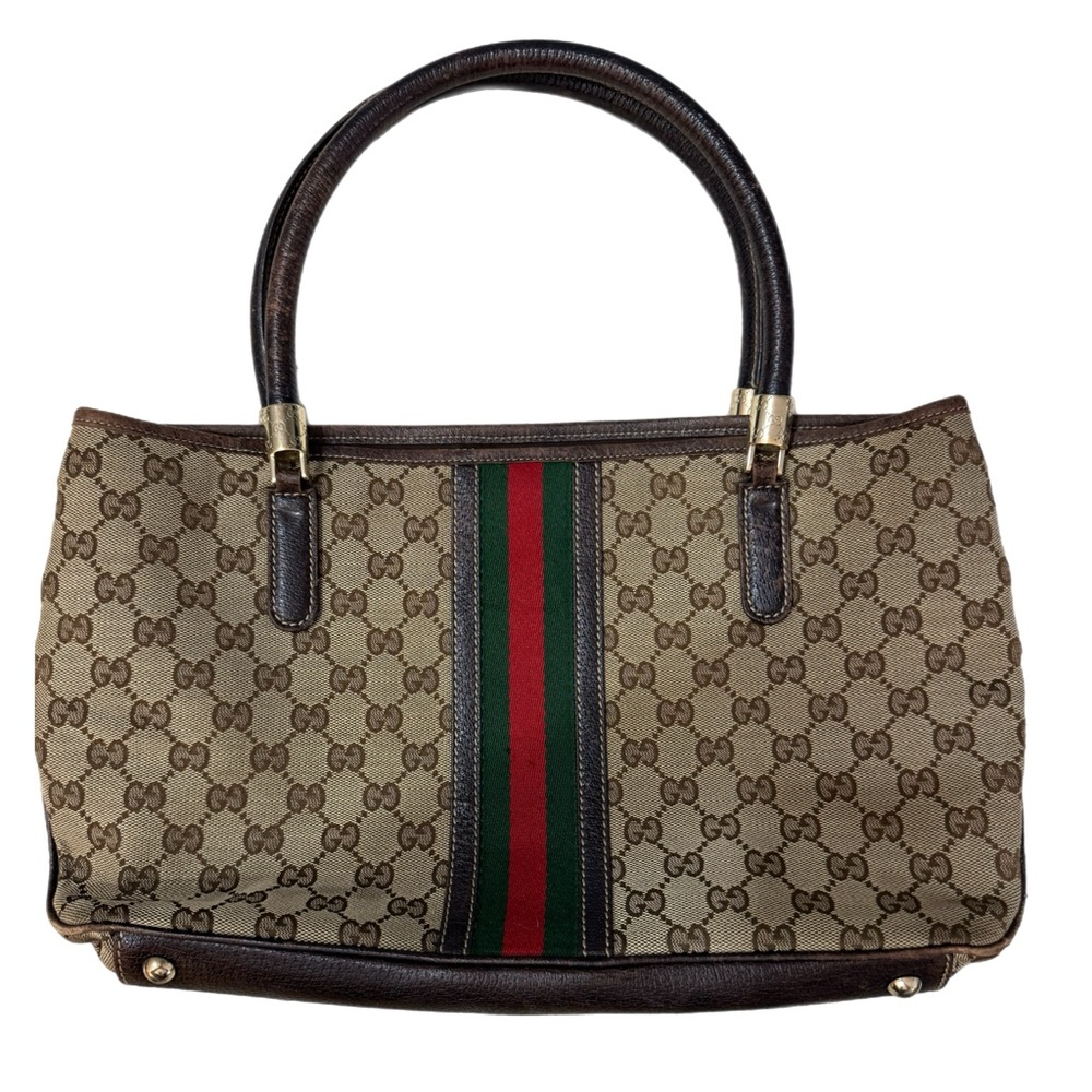 Vintage Gucci Abbey GG Supreme Canvas Tote with Green Red Green Web Stripe